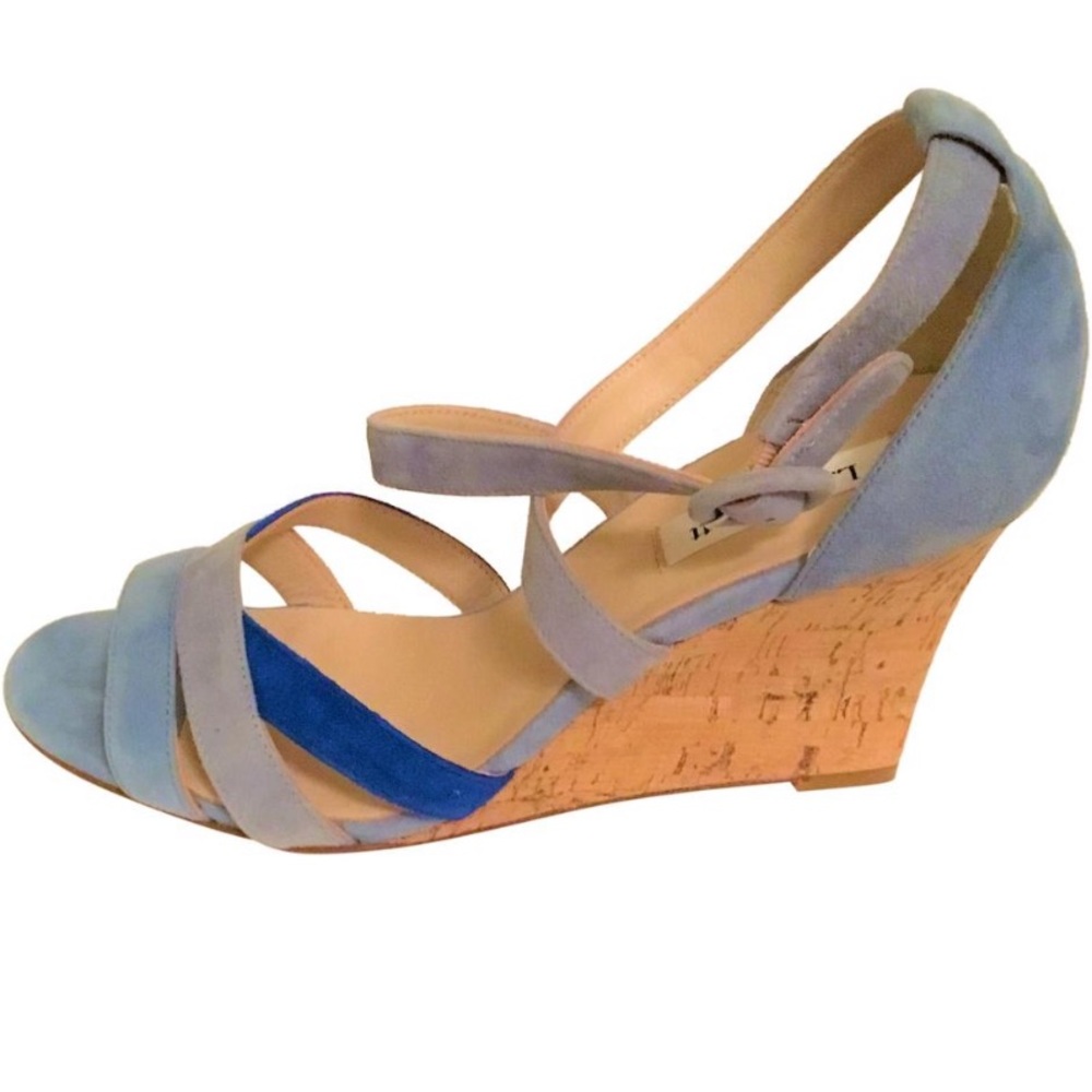 L.K. Bennett Light Blue and Blue Katie Suede Cork Wedges 39 9 - Picture 1 of 6